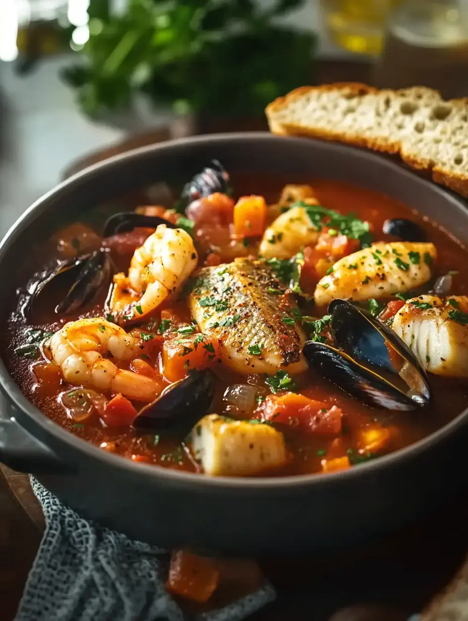 A close-up of a rich seafood stew filled with shrimp, fish, and mussels, garnished with parsley and accompanied by a slice of bread.