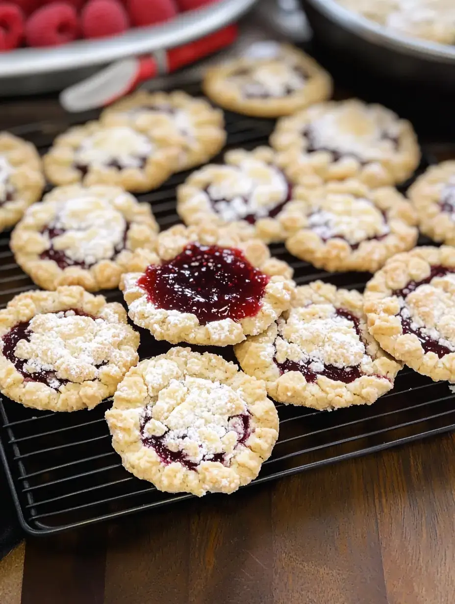 A tray of freshly baked raspberry-filled cookies dusted with powdered sugar sits on a cooling rack.