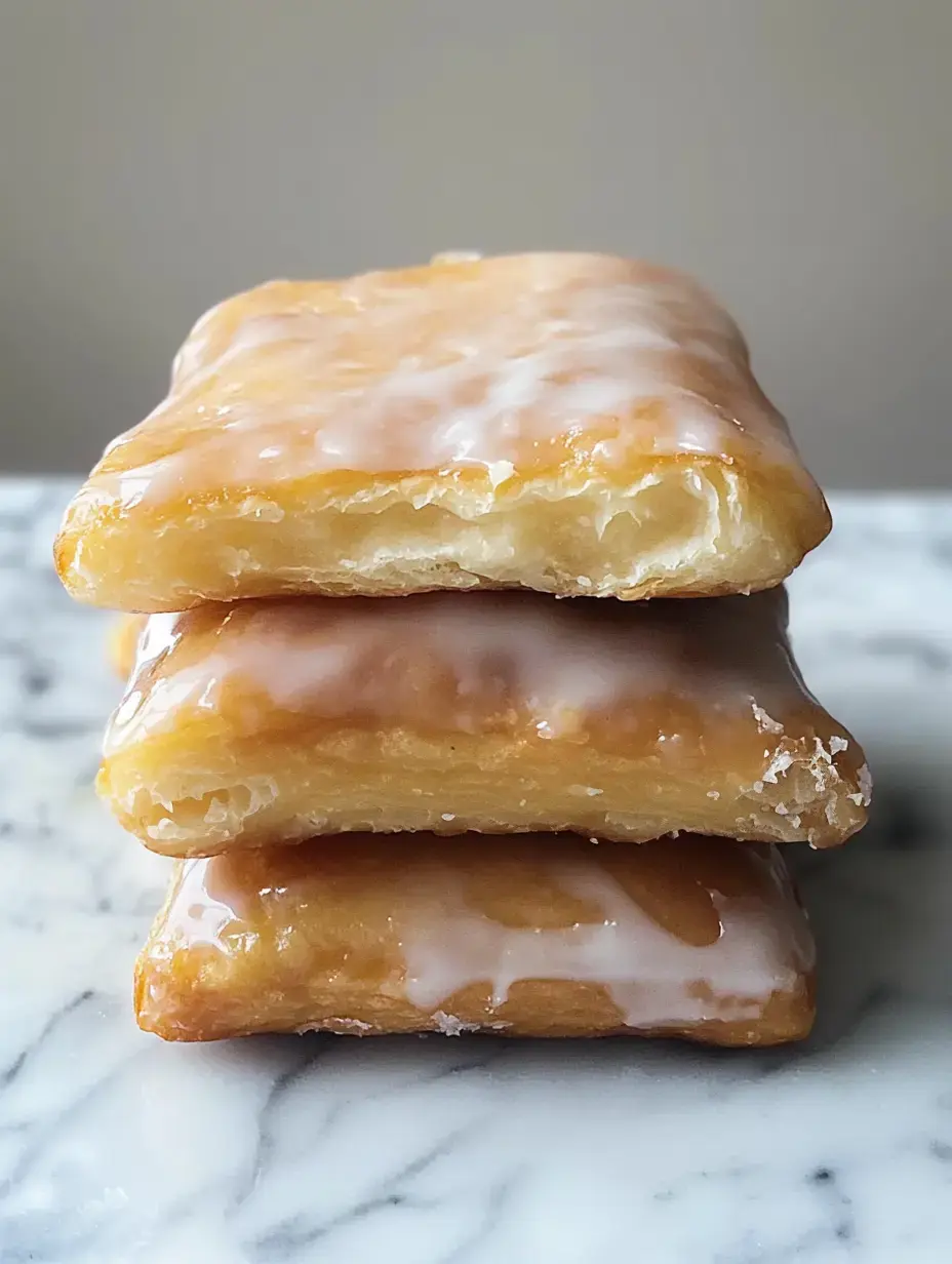 A stack of three glazed pastries sits on a marble surface.