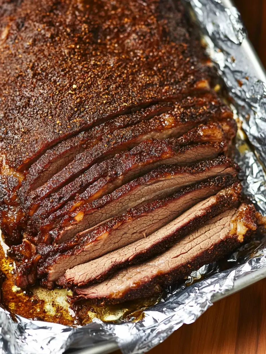 Sliced brisket with a smoky, dark crust resting on a tray lined with foil.