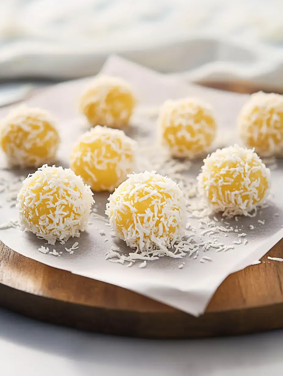 A wooden platter holds eight yellow coconut-coated spherical treats on a sheet of parchment paper.