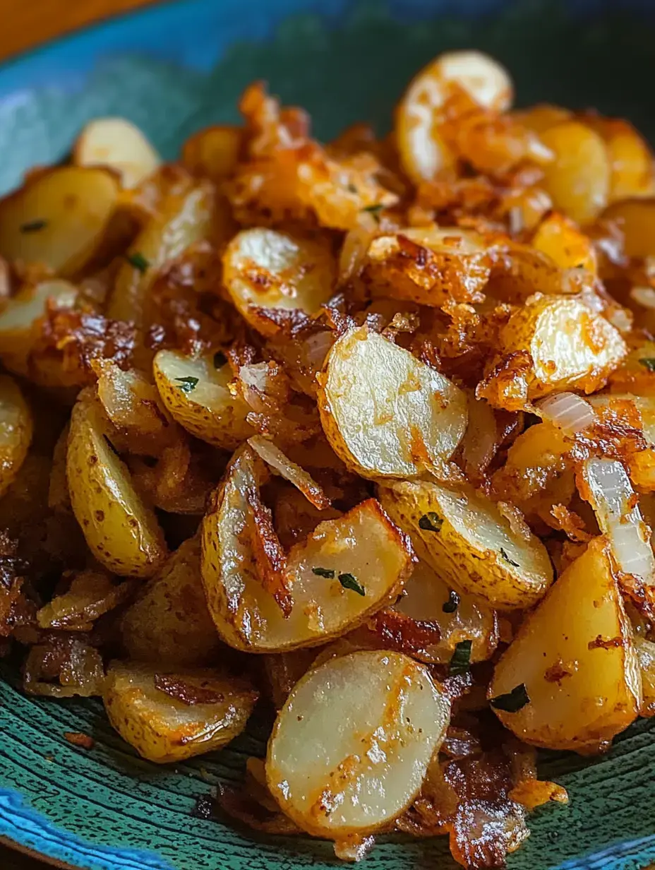 A close-up image of golden-brown, sautéed sliced potatoes garnished with herbs on a blue-patterned plate.