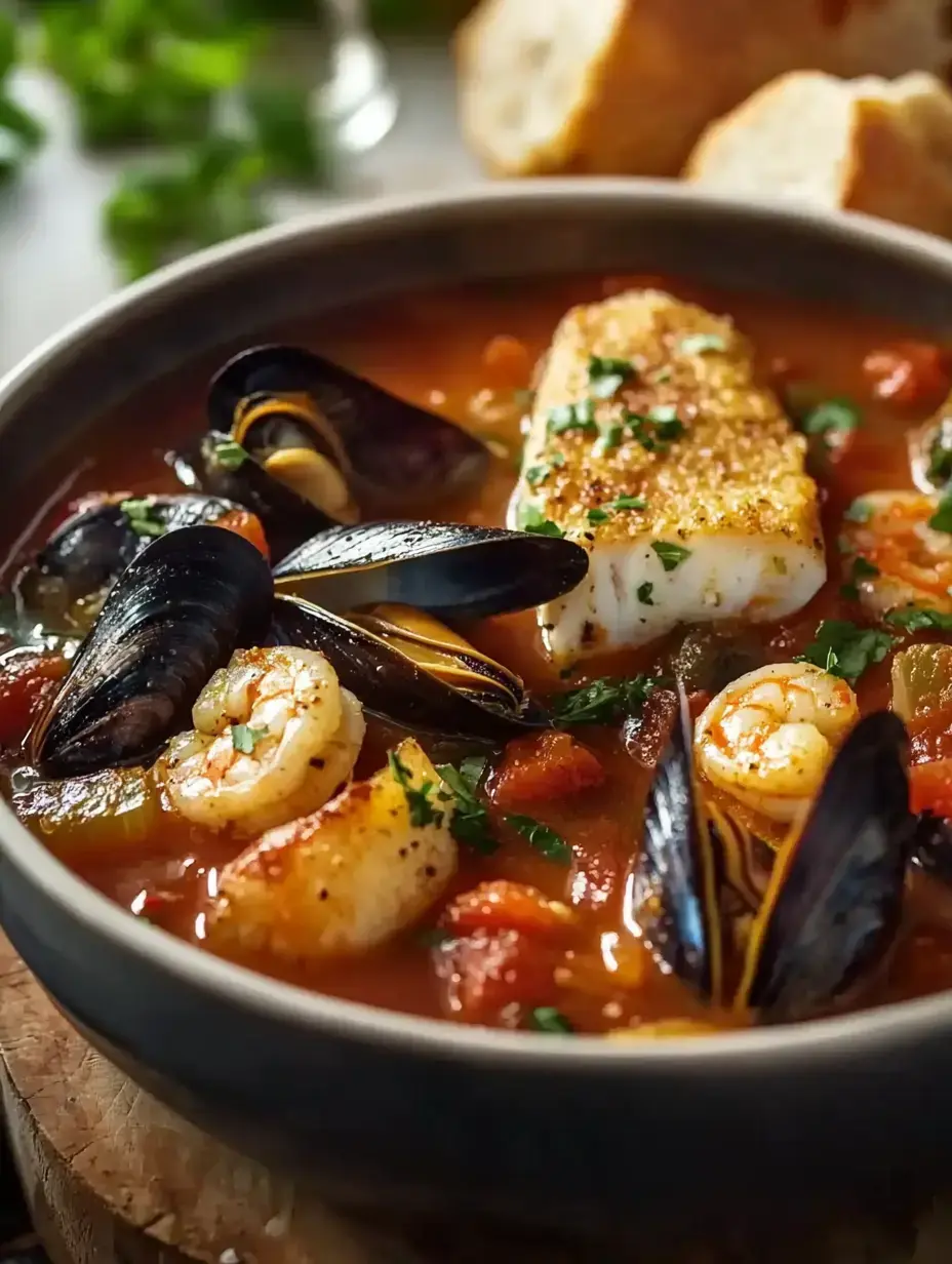 A bowl of seafood stew featuring shrimp, mussels, and a piece of white fish, garnished with herbs, served alongside slices of bread.