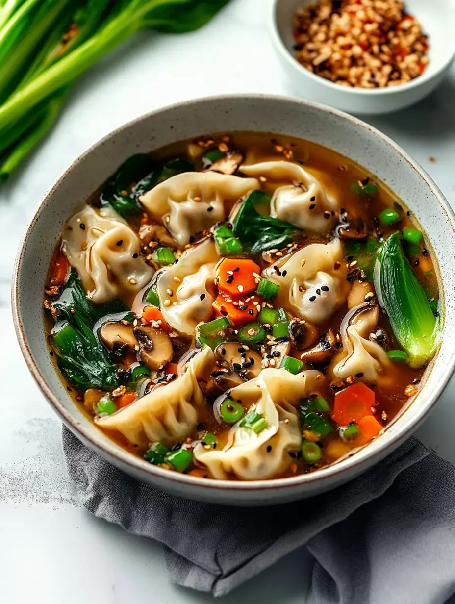 A bowl of dumpling soup with vegetables, garnished with sesame seeds, sits on a gray cloth, accompanied by a small dish of chili flakes in the background.