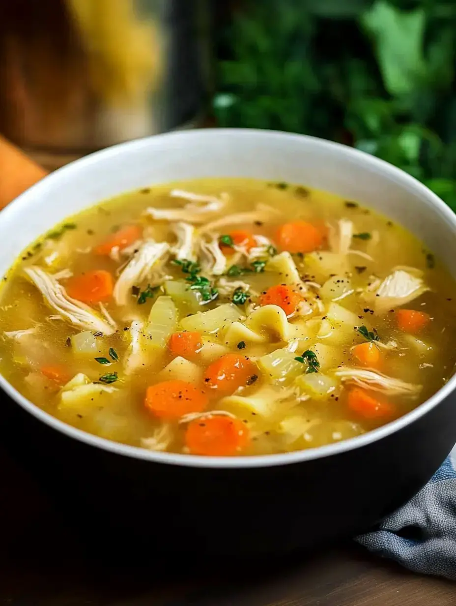 A bowl of chicken soup containing noodles, shredded chicken, carrots, and celery, garnished with herbs.