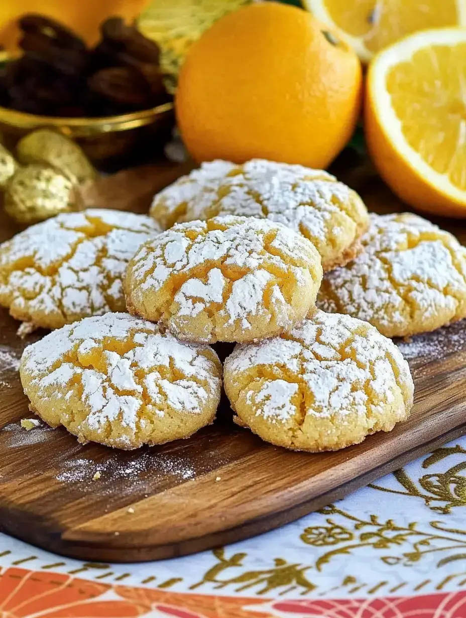 A close-up of powdered sugar-covered orange cookies arranged on a wooden platter, with fresh oranges in the background.