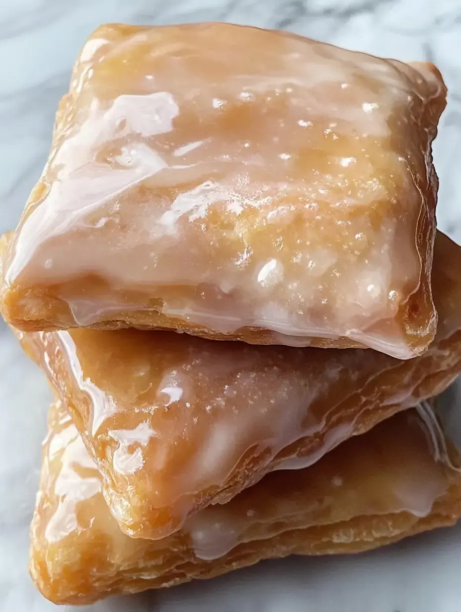 A close-up of three glazed pastries stacked on a marble surface.