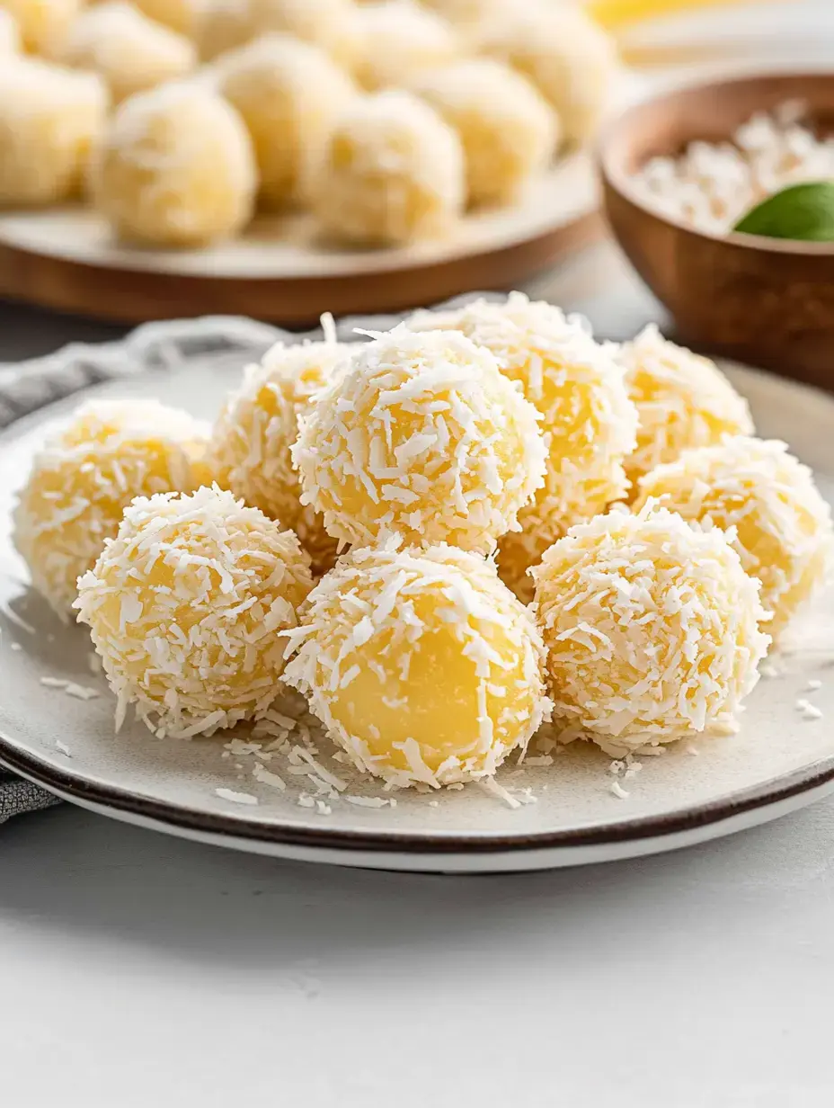 A close-up of coconut-covered yellow dessert balls arranged on a plate, with a blurred background of more dessert balls and a bowl of shredded coconut.