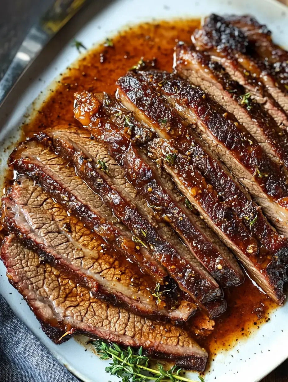 Sliced brisket served on a plate with a rich sauce and garnished with thyme.