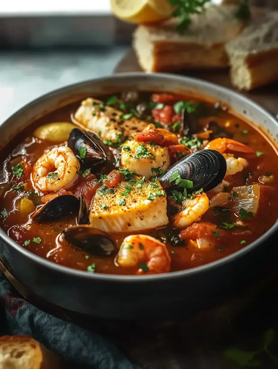 A bowl of seafood stew featuring shrimp, fish, and mussels, garnished with herbs, alongside slices of bread.