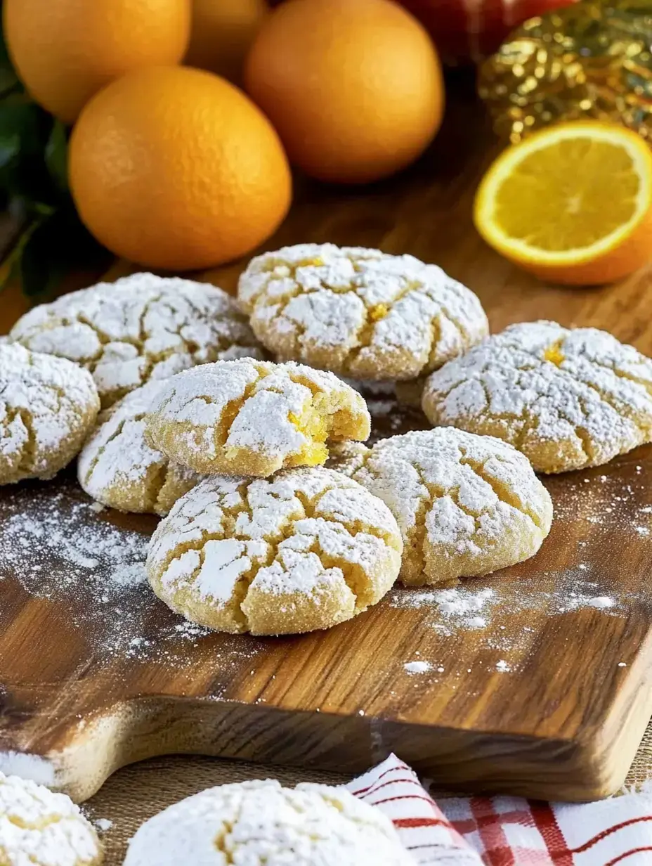 A wooden platter displays freshly baked orange-flavored cookies dusted with powdered sugar, accompanied by whole oranges and a sliced orange in the background.