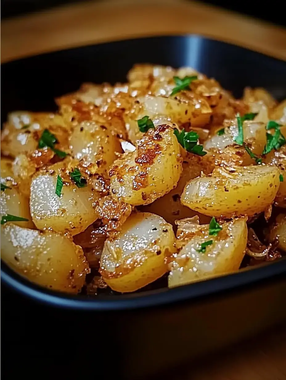 A close-up image of a bowl filled with sautéed potatoes, garnished with chopped green herbs.