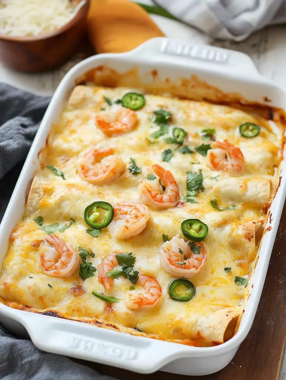 A white dish filled with cheesy shrimp enchiladas topped with sliced jalapeños and cilantro, set on a wooden table with a bowl of shredded cheese in the background.