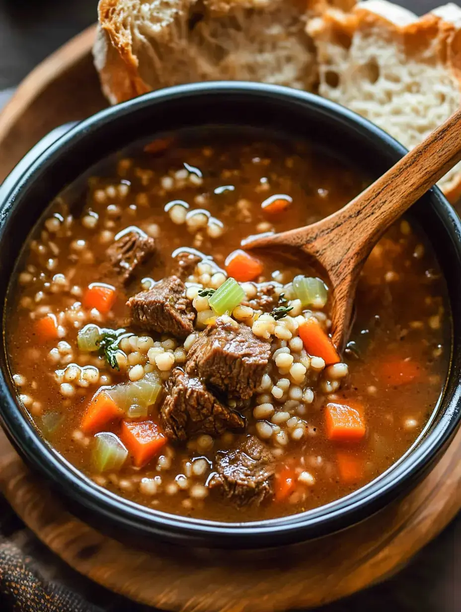 A bowl of hearty beef soup with vegetables and barley, accompanied by slices of bread.