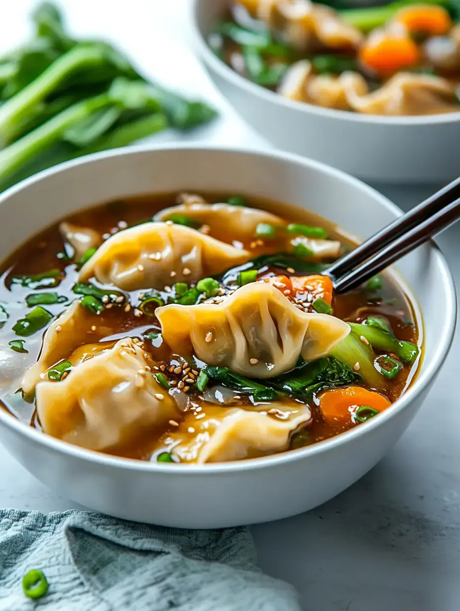 A close-up of a bowl of dumpling soup garnished with green onions and sesame seeds, with a pair of chopsticks lifting a dumpling.