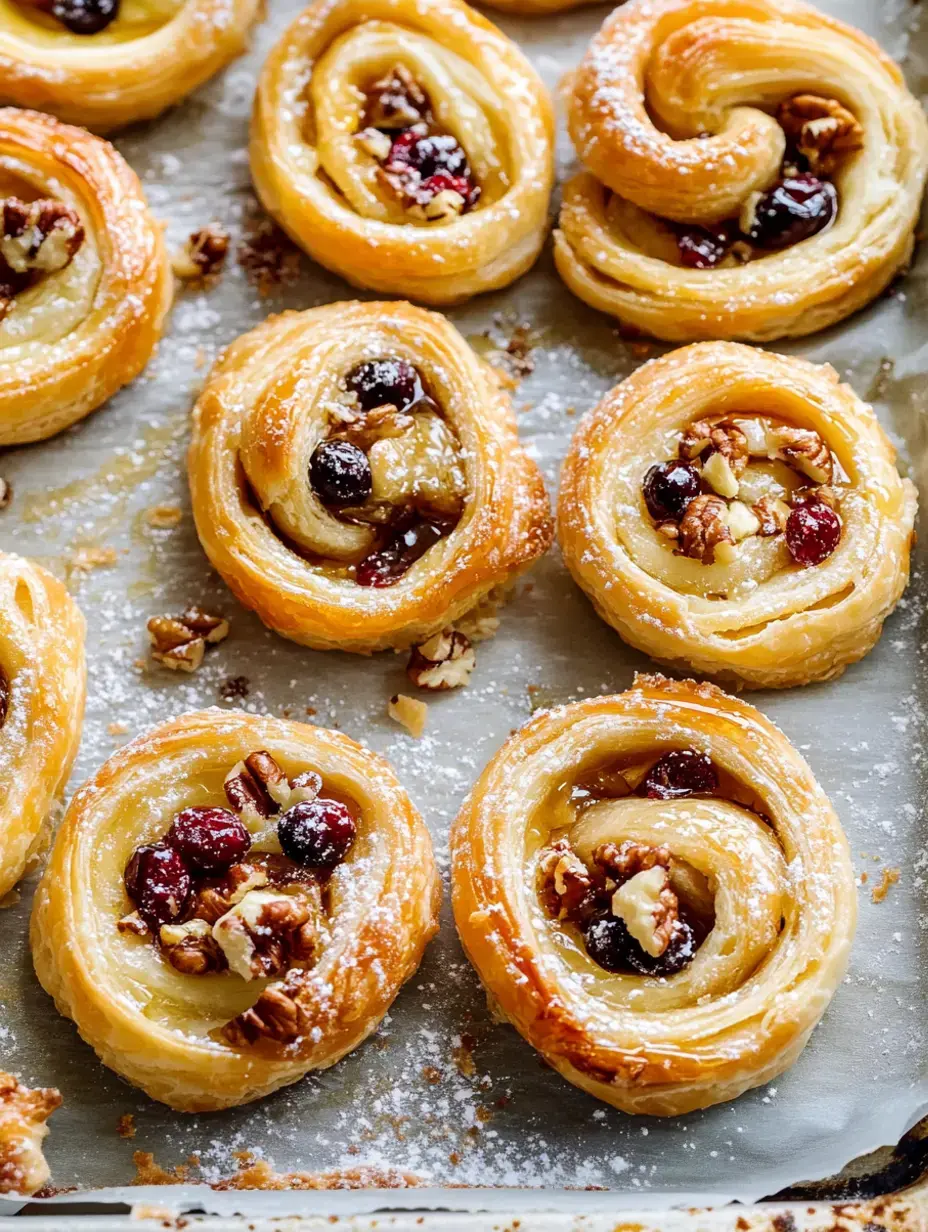 A tray of freshly baked pastry swirls filled with nuts and dried fruits, dusted with powdered sugar.