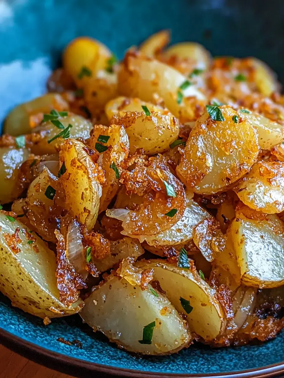 A close-up photo of sautéed potatoes garnished with green herbs, served in a blue bowl.