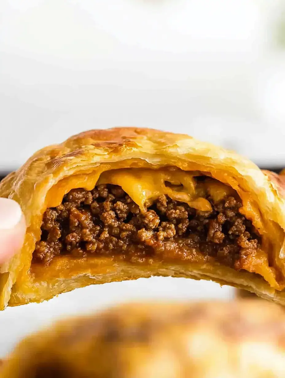 A close-up of a flaky pastry revealing a filling of seasoned ground beef and melted cheese.