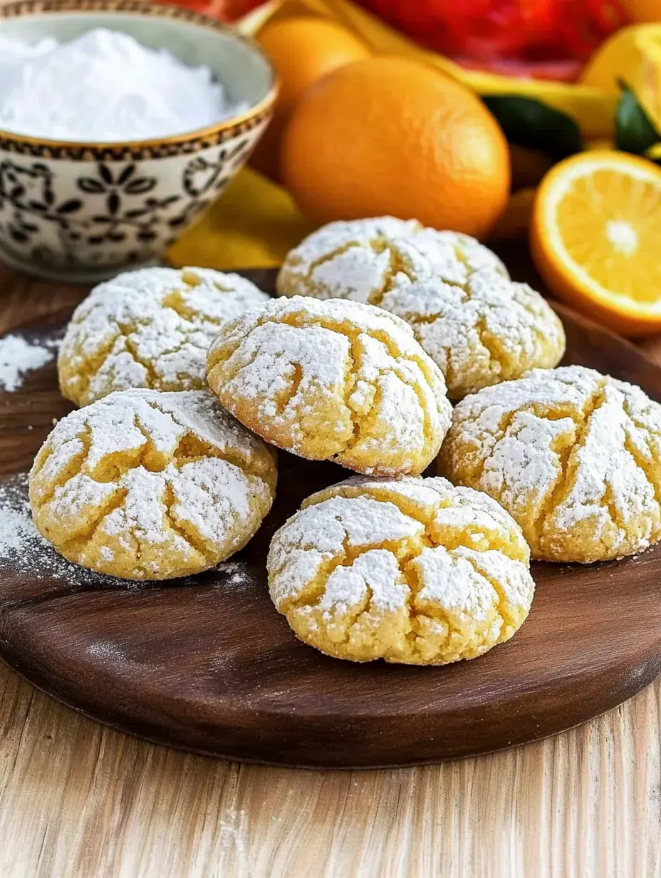 A wooden platter holds several powdered sugar-coated cookies, with a decorative bowl of powdered sugar and various citrus fruits in the background.