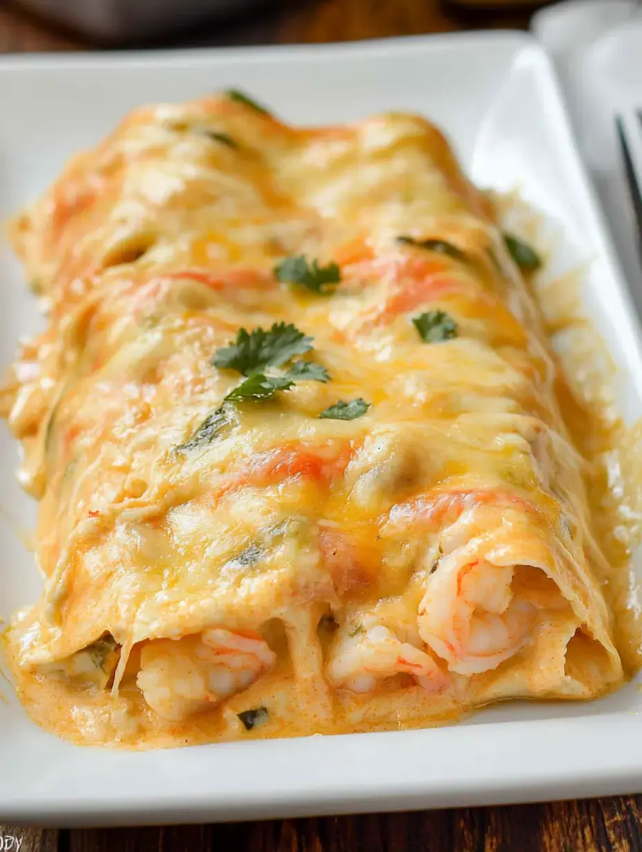 A serving of shrimp enchiladas topped with melted cheese and garnished with cilantro, displayed on a white plate.