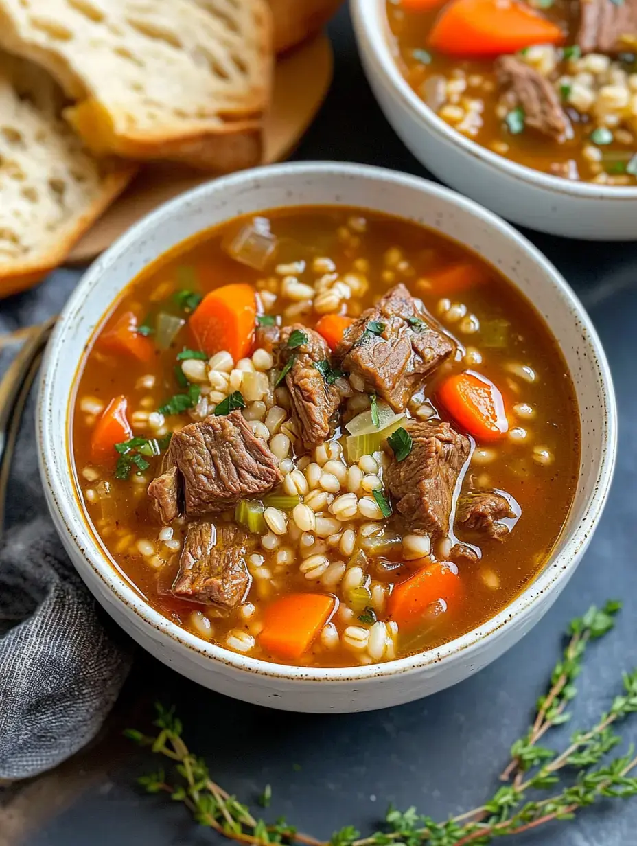 A bowl of hearty beef barley soup filled with chunks of beef, carrots, and barley, accompanied by slices of bread.