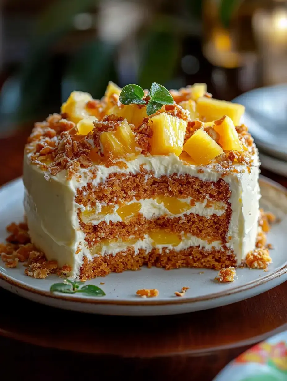 A beautifully layered cake with cream, pineapple chunks, and a crunchy topping, partially sliced to reveal its interior.