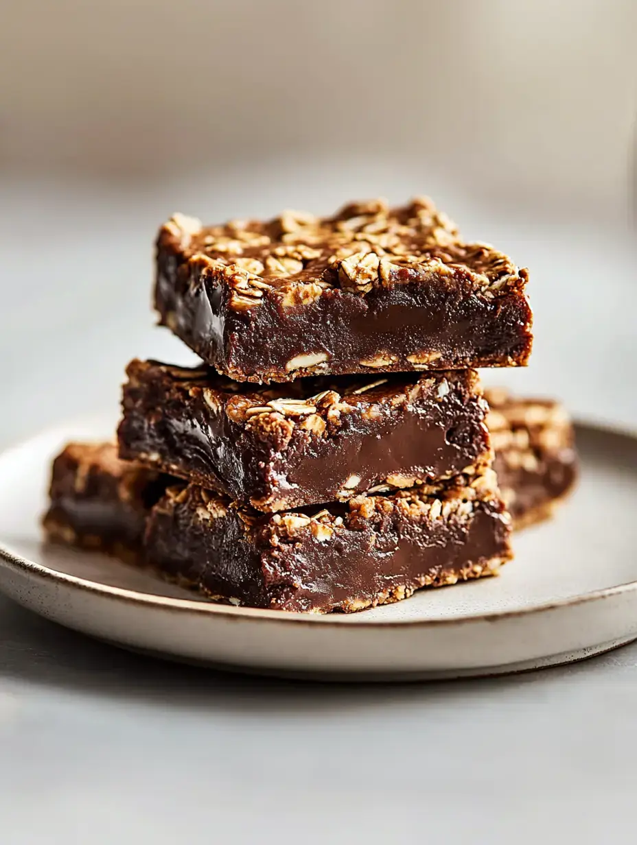 A stack of chocolate and oatmeal bars is displayed on a pale ceramic plate.