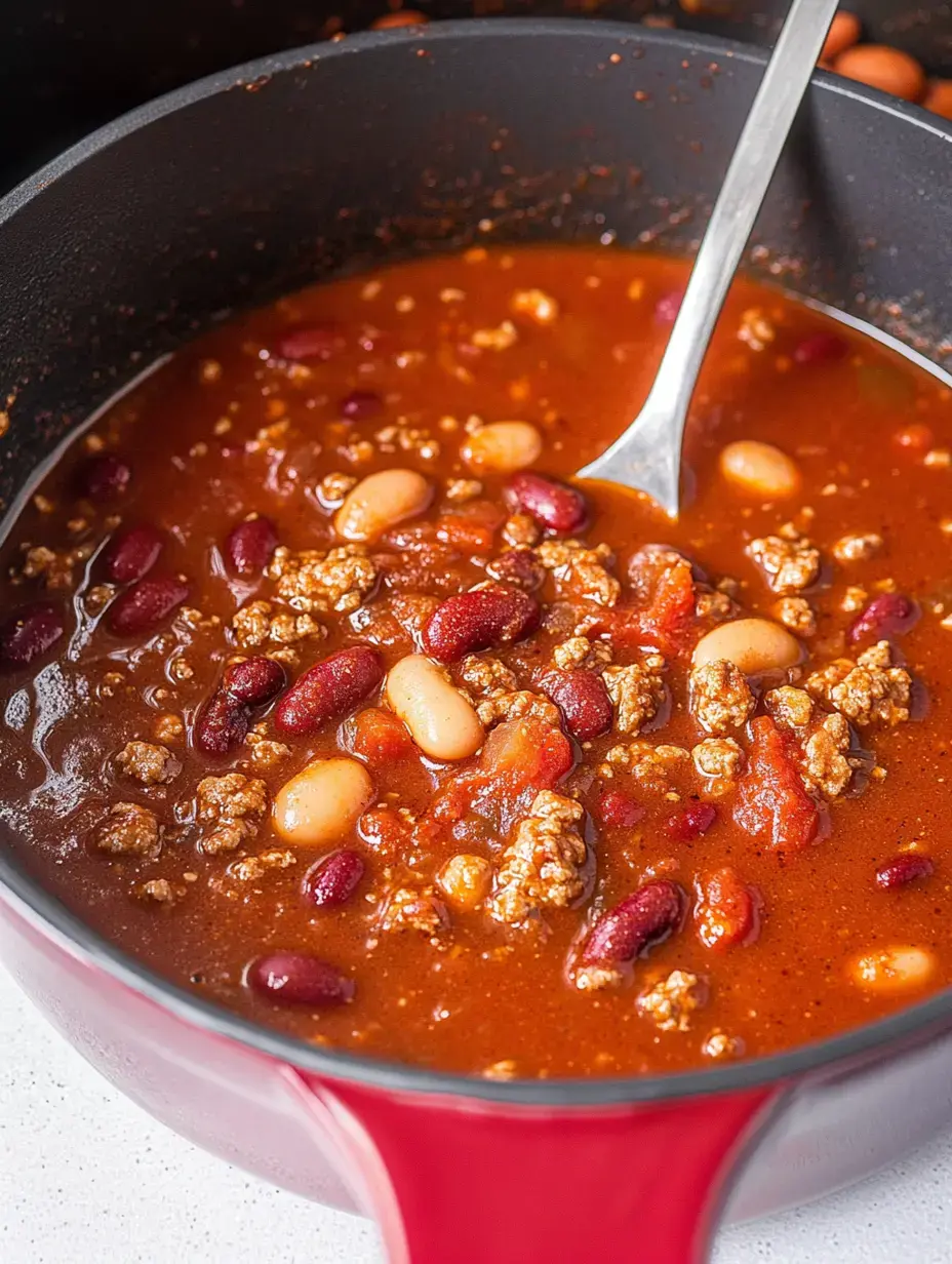 A close-up of a pot filled with chili, featuring ground meat, red and white beans, and a thick, tomato-based sauce.