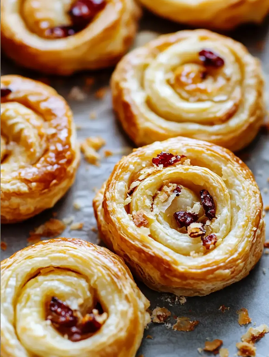 A close-up of golden-brown, spiral pastry rolls filled with dark red fruit pieces, arranged on a baking sheet.