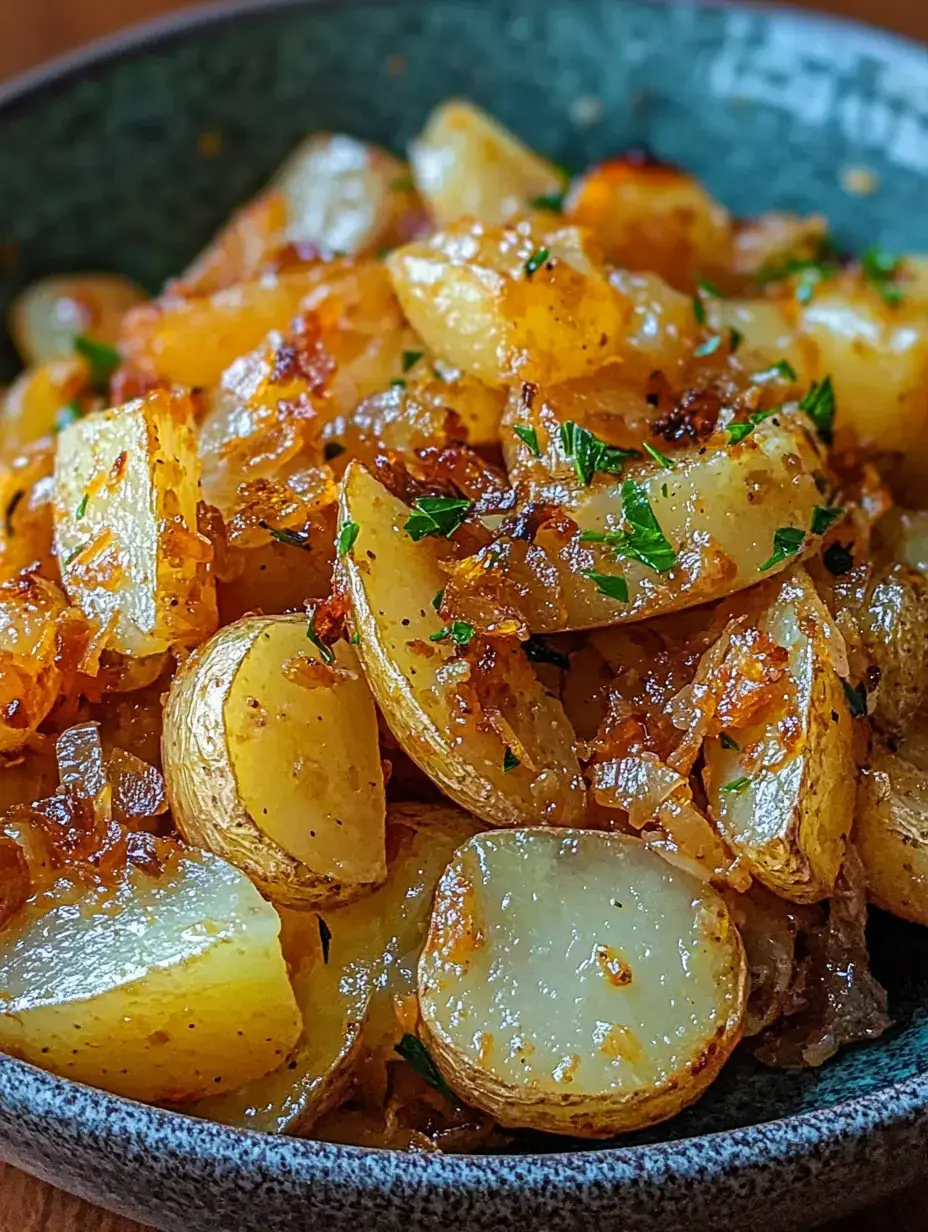 A close-up of a bowl filled with golden-brown, roasted potatoes garnished with chopped herbs.