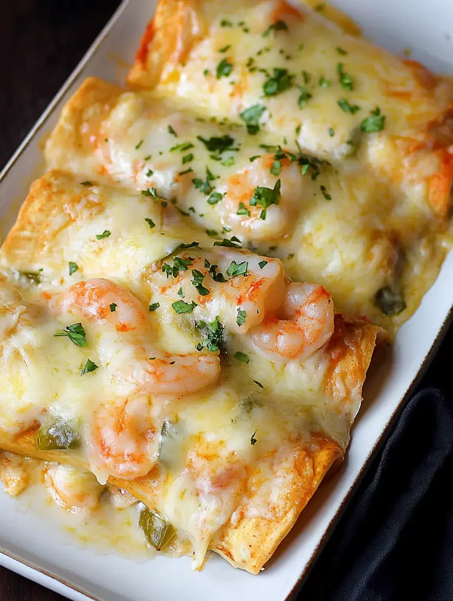 A plate of cheesy shrimp enchiladas topped with fresh herbs.