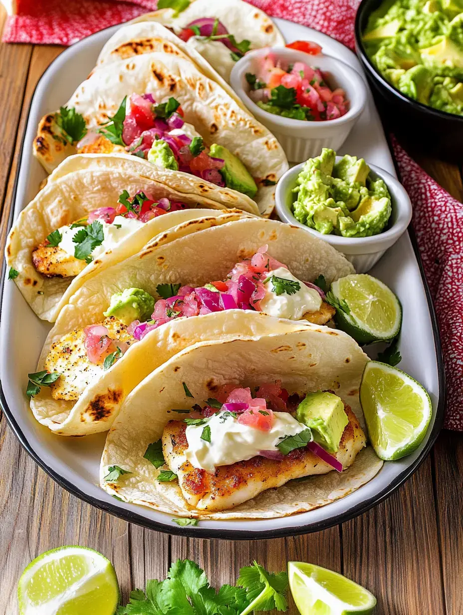 A platter of fish tacos topped with fresh ingredients like pico de gallo, avocado, cilantro, and served with lime wedges and guacamole.