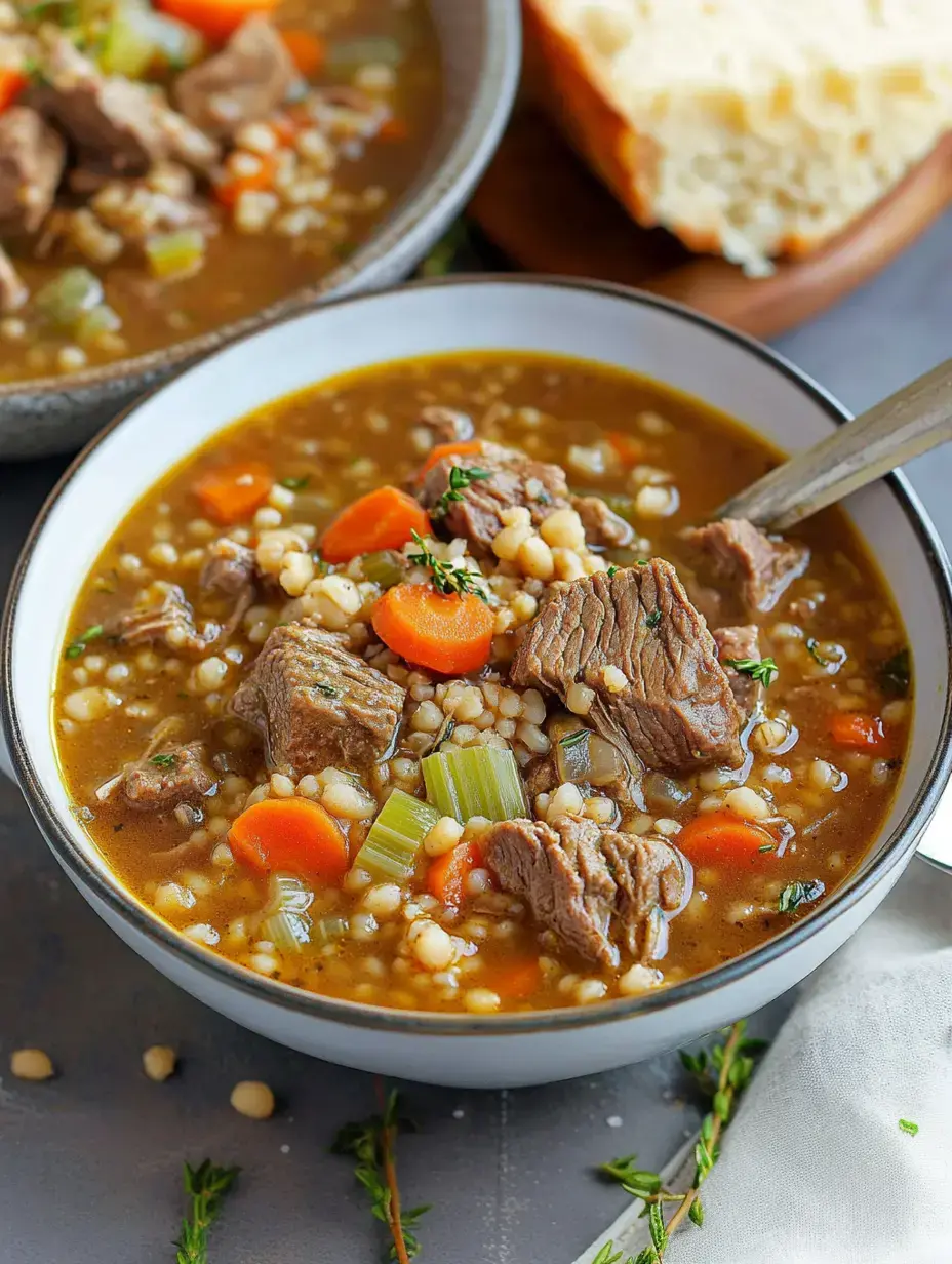 A close-up of a bowl of hearty beef and barley soup with carrots and celery, accompanied by a slice of bread.