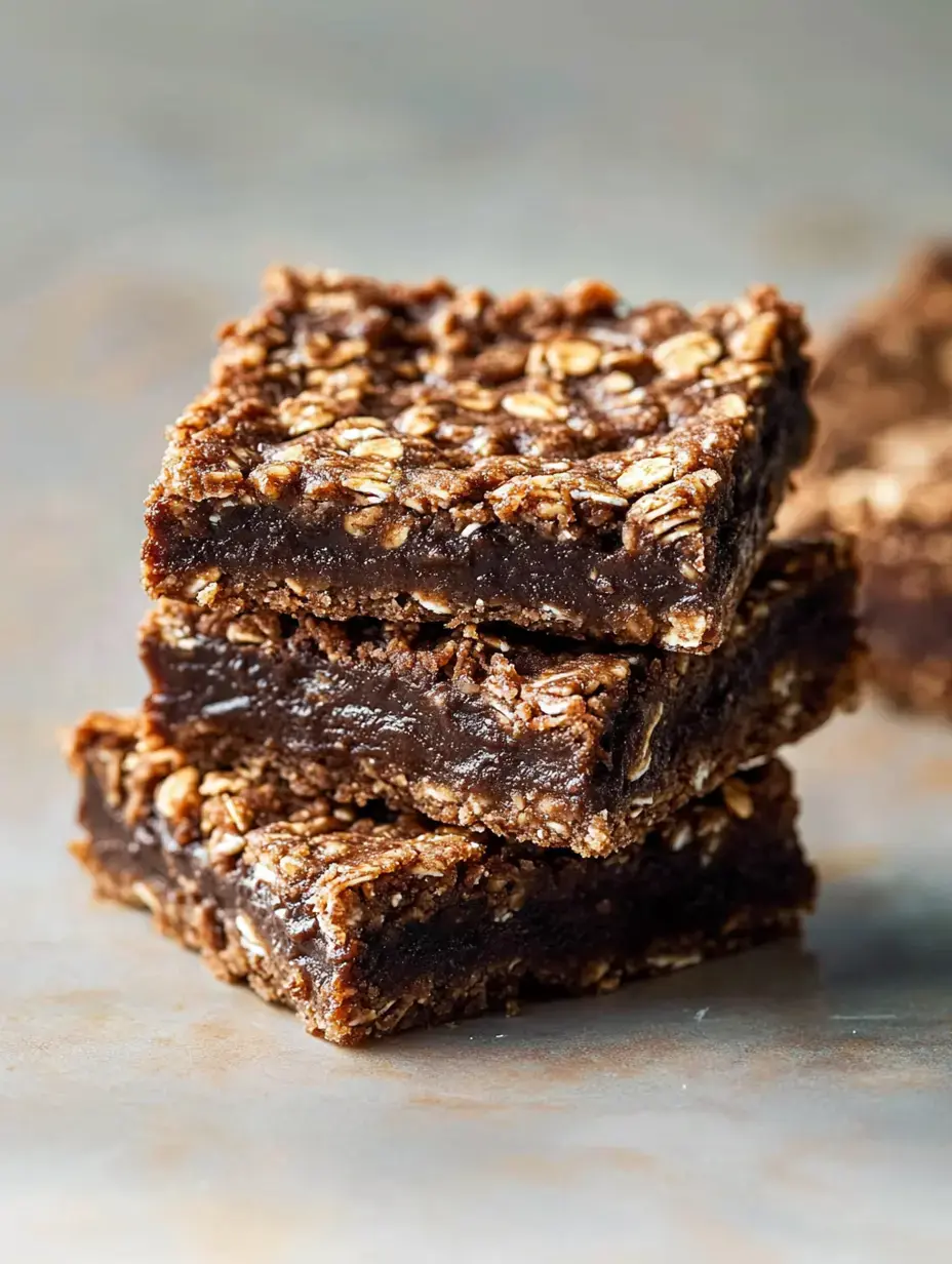 A stack of three oat bars with a chocolate filling, displayed on a textured surface.