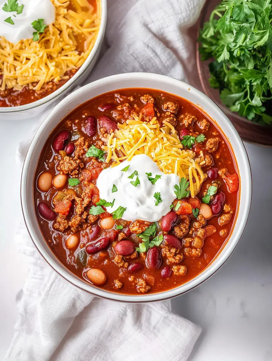 A close-up of a hearty chili bowl topped with sour cream, shredded cheese, and fresh cilantro, accompanied by a second bowl of chili in the background.