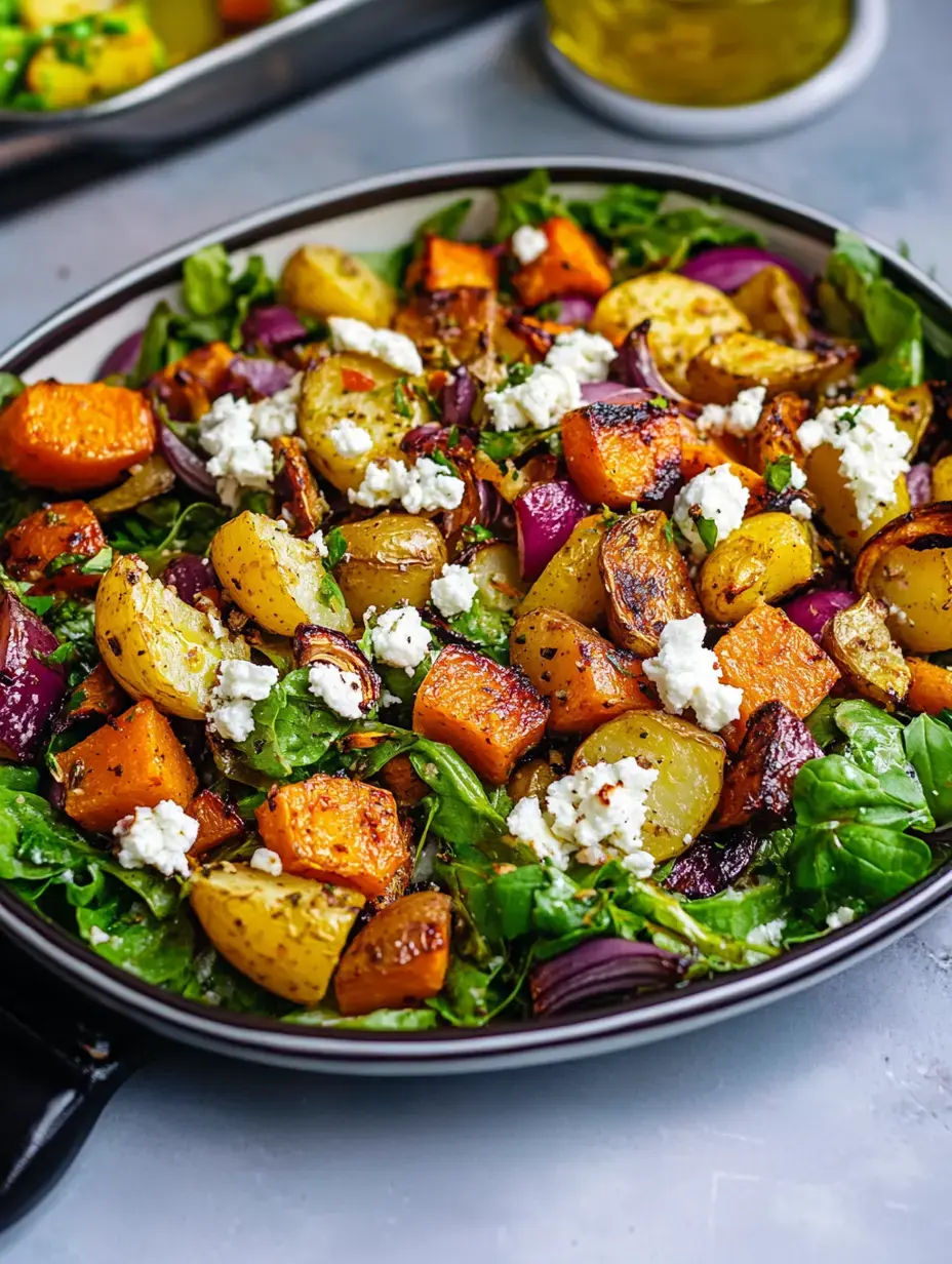 A close-up of a salad bowl filled with mixed greens topped with roasted potatoes, butternut squash, red onions, and crumbled feta cheese.