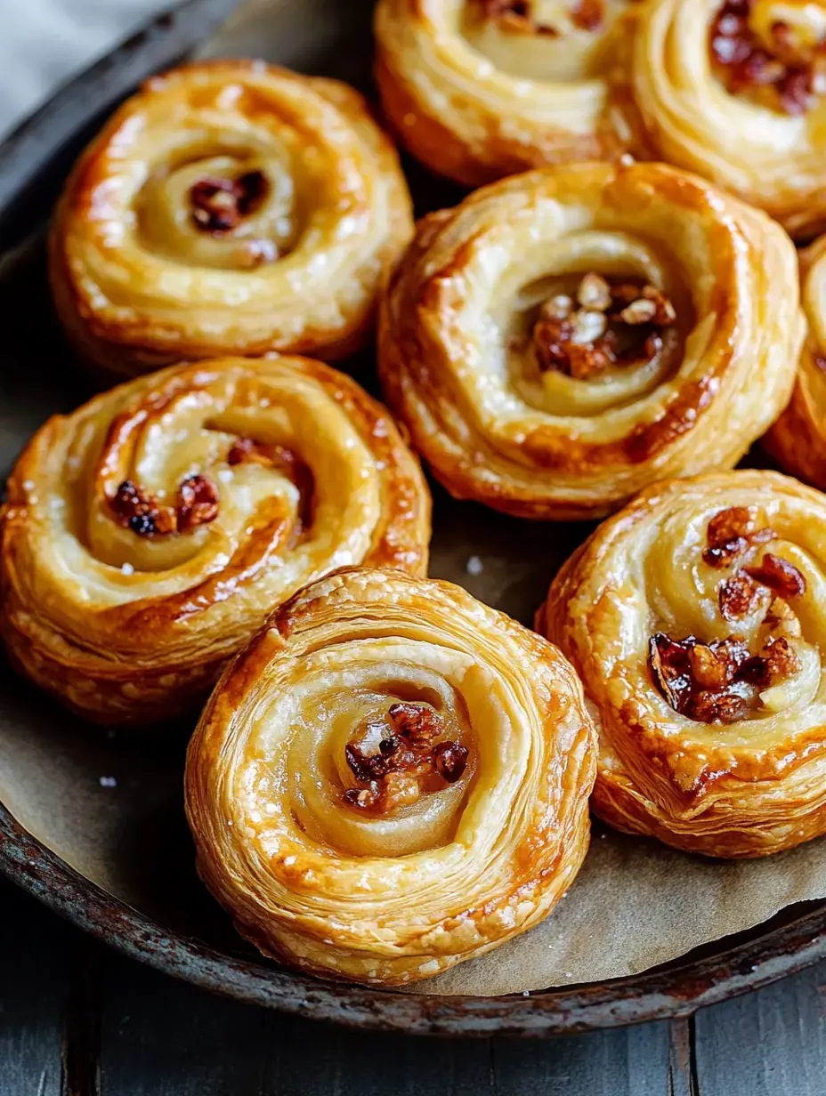 A close-up of golden-brown spiral pastries with a sweet filling, arranged on a rustic plate.