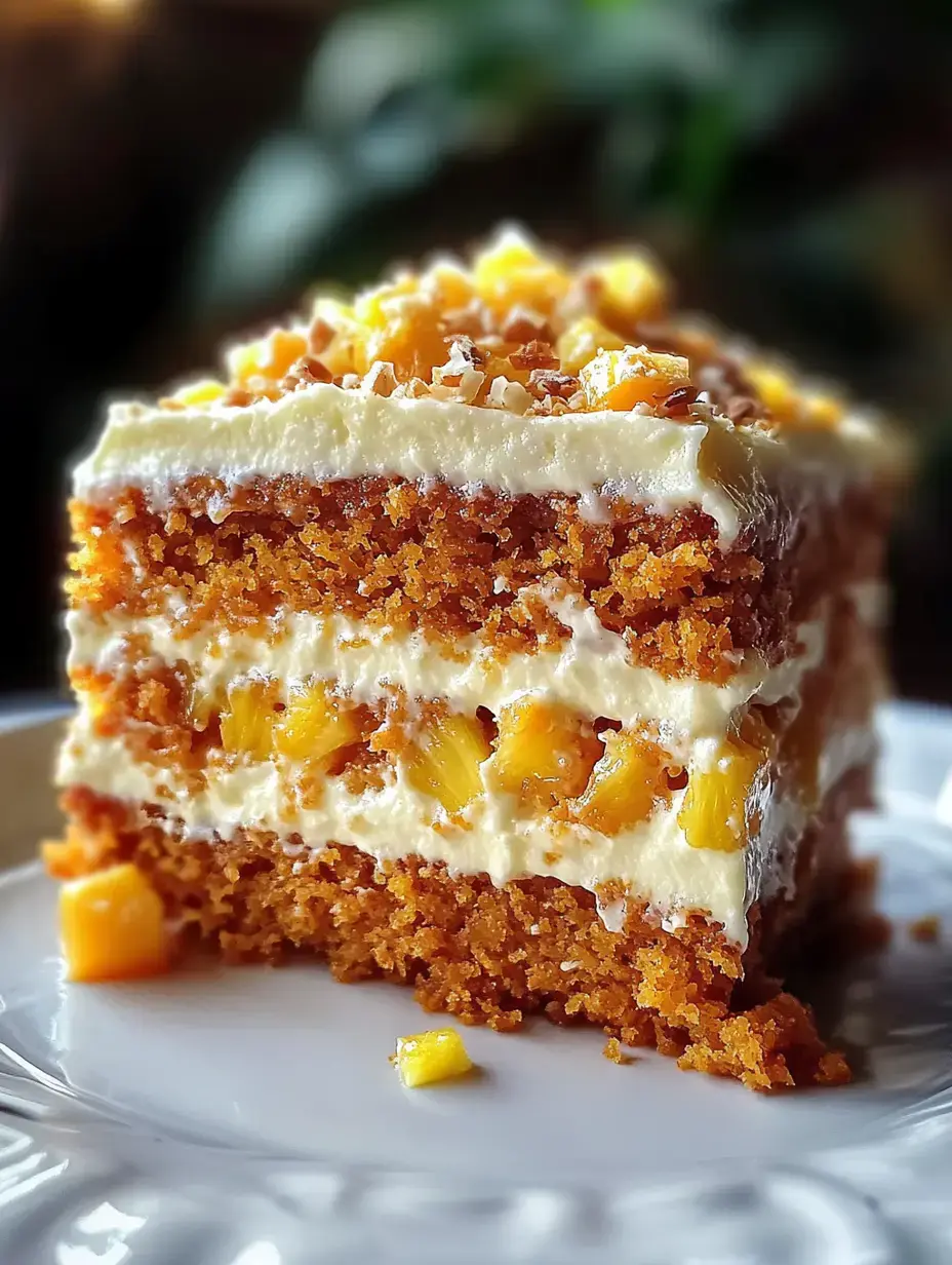 A slice of moist cake layered with pineapple chunks and creamy frosting is set against a blurred background.