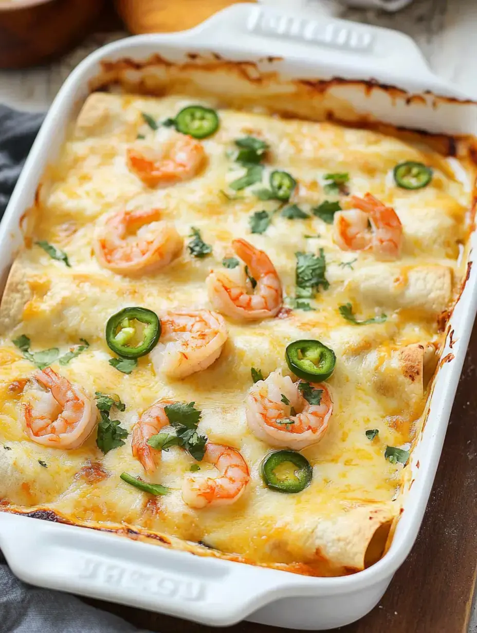 A baked dish of shrimp enchiladas topped with melted cheese, jalapeño slices, and fresh cilantro.