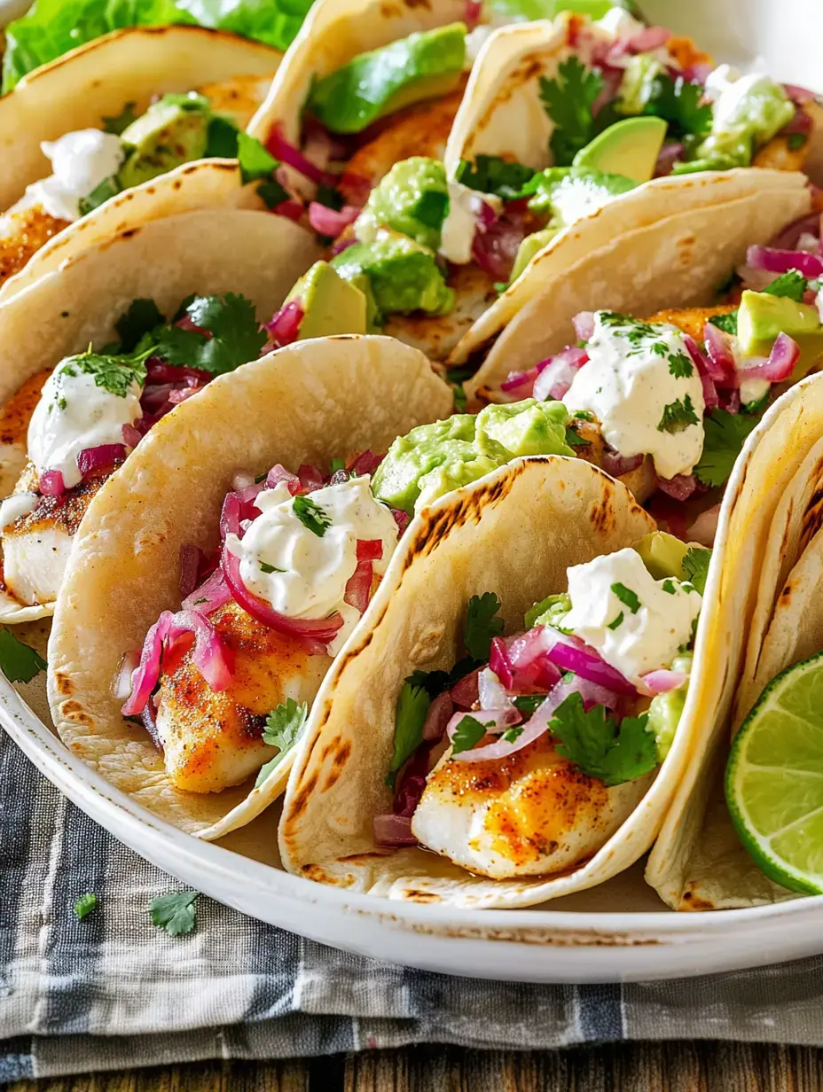 A close-up of a plate filled with fish tacos topped with avocado, sour cream, cilantro, and red onions, accompanied by a lime wedge.