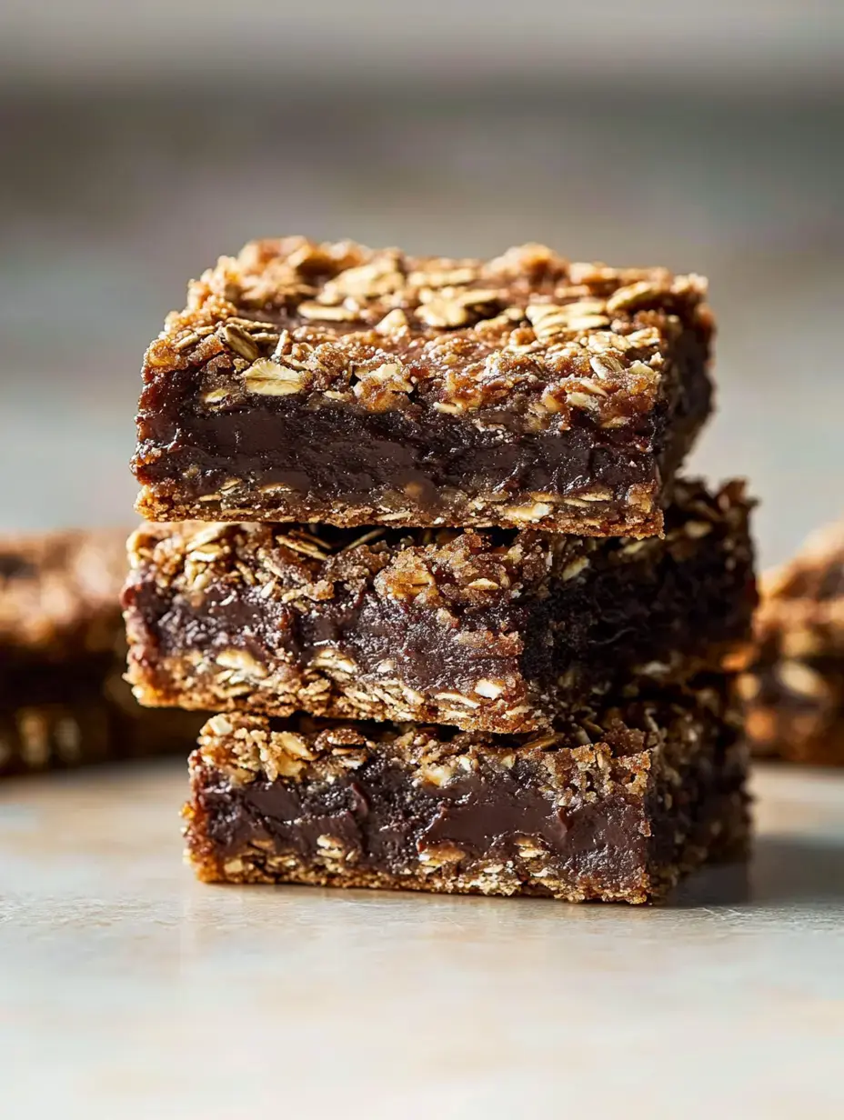 A stack of three chewy chocolate oat bars on a light surface.