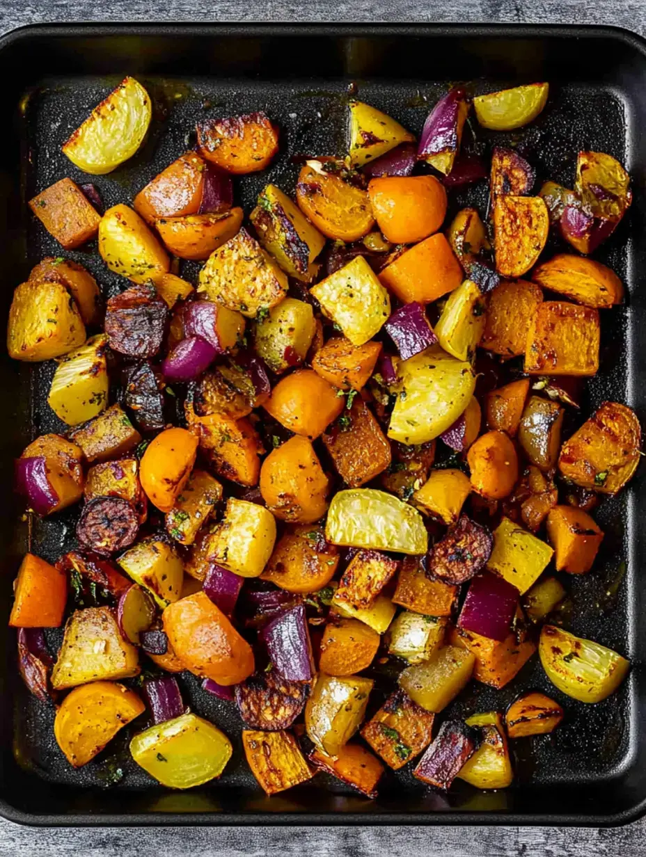 A tray of roasted mixed vegetables, including various cubes of orange, yellow, and purple ingredients, lightly seasoned and caramelized.