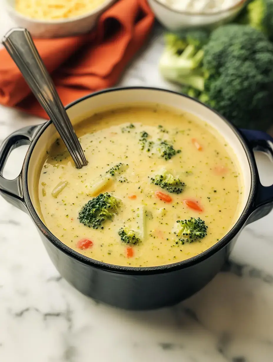 A black pot filled with creamy broccoli soup, featuring pieces of broccoli and carrots, and accompanied by an orange cloth and fresh broccoli in the background.