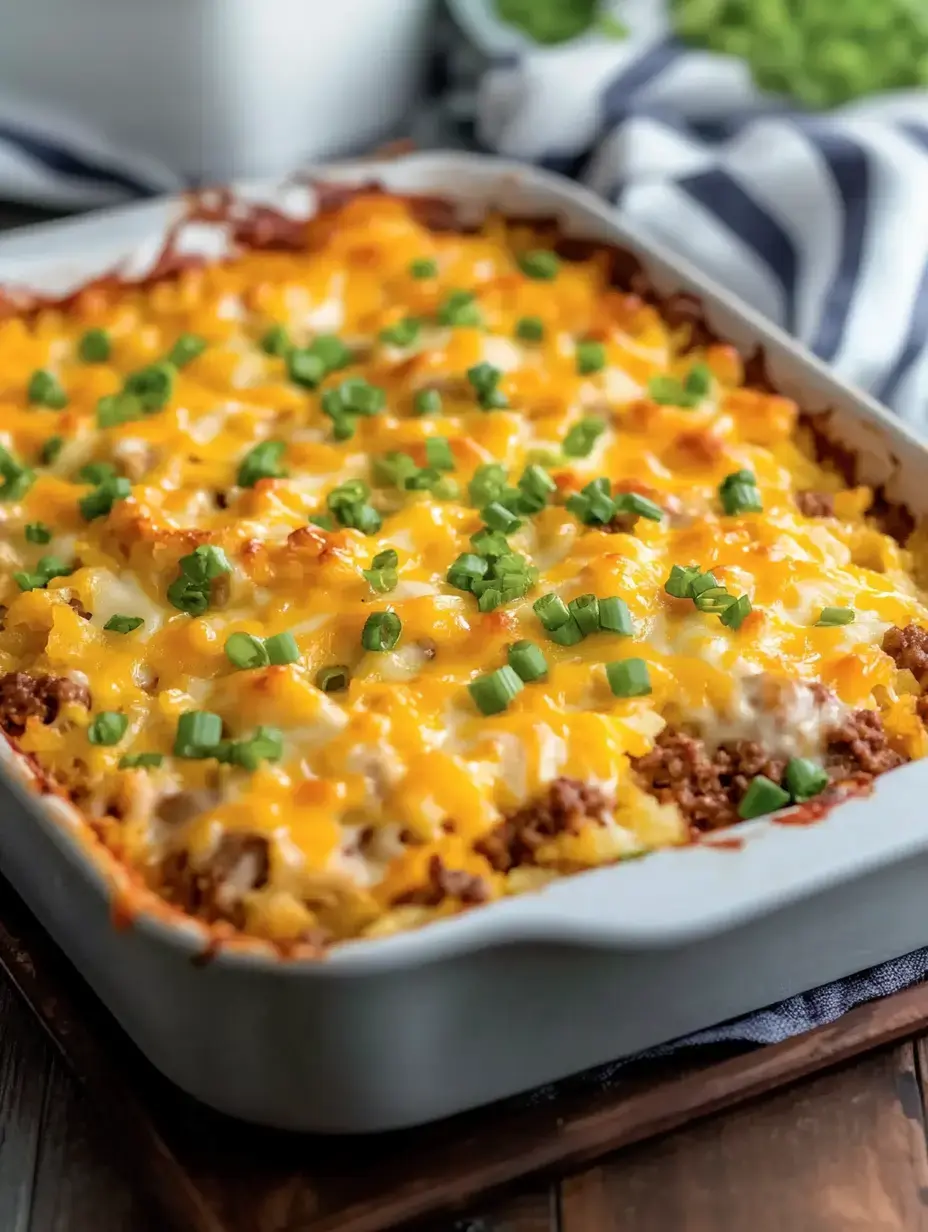 A baked casserole dish topped with melted cheddar cheese and green onions.