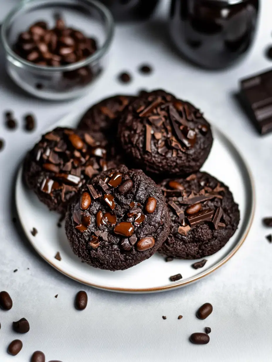 A plate of rich chocolate cookies topped with chocolate shavings and coffee beans, surrounded by scattered coffee beans and chocolate pieces.