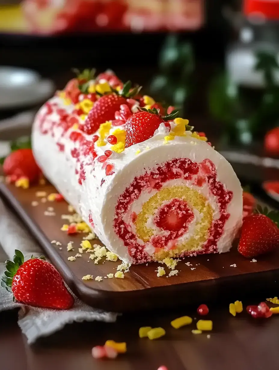 A colorful strawberry and cream-filled roll cake is beautifully presented on a wooden board, adorned with fresh strawberries and bright decorative toppings.