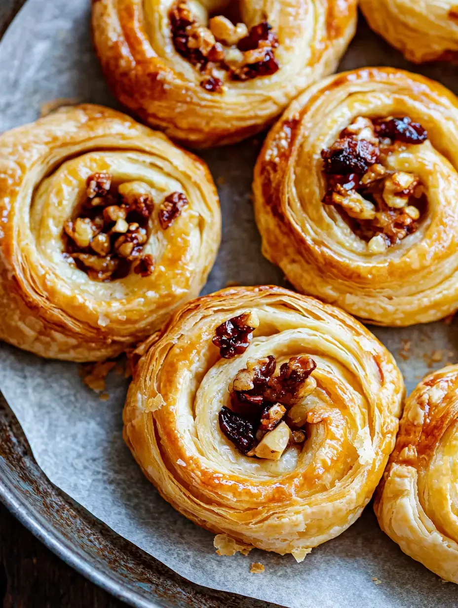 A close-up of freshly baked pastry swirls topped with chopped nuts and dried fruits on a tray.