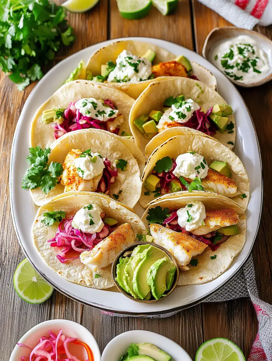 A platter of six fish tacos topped with cream, pickled red onions, and avocado, alongside lime wedges and additional toppings.