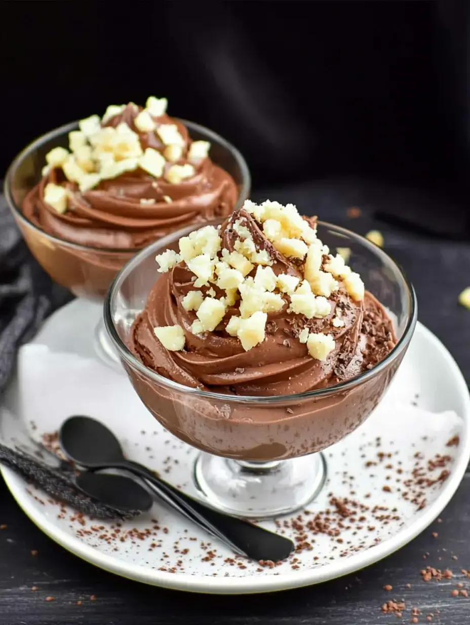 Two cups of rich chocolate mousse topped with chopped nuts are presented on a white plate with black spoons beside them.