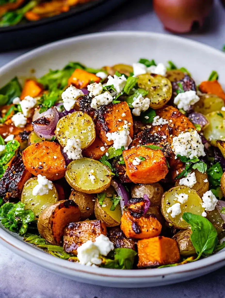 A bowl of roasted vegetables including sweet potatoes, potatoes, and herbs, topped with crumbled cheese.